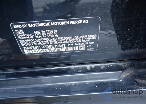 2024 BMW 330I xDrive z USA, uszkodzony, nr VIN 3MW89FF03R8E39647